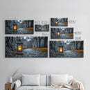 Lantern Glow, Forest Trail, Autumn Leaves, Soft Light, Framed Canvas Print, Fall Wall Art, Rustic Entryway Decor, Nature Photography Print