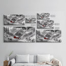 Red Cabin, Winter Mountains, Snow Forest, Canvas Print, Christmas Wall Art, Rustic Lodge Decor, Landscape Photography, Bedroom Art