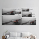 Red Bench Fog, Moody Coastal Morning, Framed Canvas Print, Minimalist Beach Wall Art, Modern Entryway Decor, Black and White Vibes
