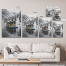 Winter Cabin, Floating House, Snowy Pines, Mountain Lake, Canvas Print, Minimalist Winter Wall Art, Cabin Decor, Neutral Nature Scene