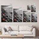 Red Shoreline, Bold Pebbles, Coastal Mood, Canvas Print, Nautical Wall Art, Moody Landscape, Black White Red Art, Nature Lover Gift