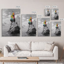 Rainbow Cliff, Soaring Bird, Ocean Rock Scene, Canvas Print, Nature Adventure Wall Art, Vibrant Seascape Decor, Coastal Living Accent