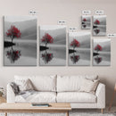 Red Tree, Foggy Lake, Peaceful Landscape Scene, Framed Canvas Print, Autumn Nature Wall Art, Minimalist Fall Decor, Moody Aesthetic