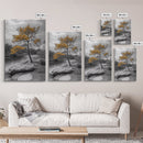 Golden Tree View, Nature Serenity, Fall Lake Art, Peaceful Pine, Framed Canvas Print, living room wall art, minimalist landscape print
