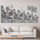 Rustic Lighthouse Shore, Weathered Tower Art, Stormy Coast Scene, Moody Seaside, Framed Canvas Print, nautical bathroom or den wall decor