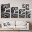 Red Beacon Lighthouse, Rocky Coast Light, Dramatic Storm Sky, Ocean Guide, Framed Canvas Print, nautical office wall art, bold coastal art