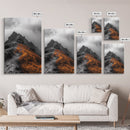 Misty Mountain Hike, Orange Trail Grass, Adventure Explorer Print, Moody Wilderness Scene, Framed Canvas Print, Rustic Cabin Wall Art