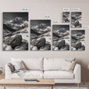 Snowy Alpine Scene, Winter Mountainscape, Nature Photography, Framed Canvas Print, Lodge Wall Art, Cabin Decor, Black and White Art
