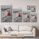 Red Cloaked Solitude, Minimalist Seashore, Peaceful Hooded Figure, Framed Canvas Print, Meditation Room Art, Surreal Photography