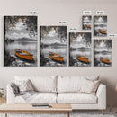 Lake Rowboat, Serene Waters, Mountain Reflection, Framed Canvas Print, Minimalist Nature Art, Living Room Wall Art, Tranquil Landscape