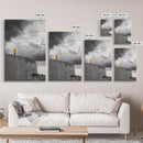 Yellow Raincoat, Ocean Storm, Moody Skies, Framed Canvas Print, Minimalist Wall Art, Coastal Entryway Decor, Contemplative Scene