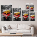 Stacked Kayaks, Red and Yellow, Forest Wall Art, Canvas Print, Adventure Photography, Outdoor Cabin Decor, Fall Travel Vibes