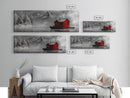 Red Cabin in Fog, Mountain Lake Boat House, Canvas Print, Winter Lodge Wall Art, Moody Nature Decor, Black and White Landscape Art