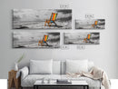 Beach Chair, Coastal Solitude, Striped Fabric, Seaside Calm, Framed Canvas Print, Minimalist Wall Art, Beach House Decor