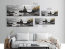 Sea Stacks, Rocky Shore, Golden Moss, Framed Canvas Print, coastal wall art, moody ocean print, beach house decor, nature photography