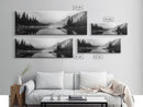 Foggy Pines, Mountain Reflection, Monochrome Wilderness, Canvas Print, black and white wall art, cabin decor, minimalist forest scene