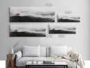 Lone Red Tree, Misty Hills, Minimalist Landscape, Framed Canvas Print, serene bedroom wall art, abstract black and white decor