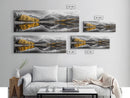 Yellow Autumn Forest, Lake Reflection, Black White Mountains, Canvas Print, Rustic Wall Art, Living Room Nature Scene
