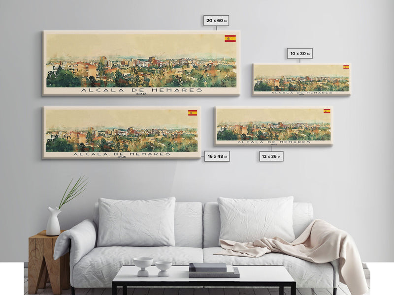 AlcalÄ¯ Spain Travel Art, City Art, Framed Canvas Print or Metal Wall Art, Europe Travel Poster, Panoramic Wall Art, Extra Wide Wall Art