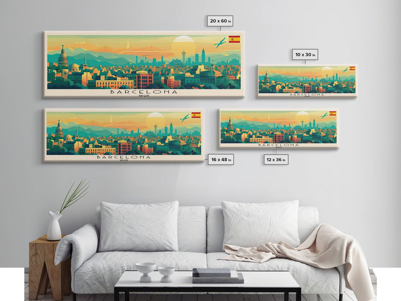 Barcelona Spain Travel Print Wall Art, Panoramic City Art, Travel Art, Wall Decor, Vacation Gift, Framed Canvas Print Or Metal Art