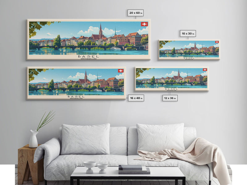 Basel SwitzerlandTravel Art, City Art, Framed Canvas Print or Metal Wall Art, Europe Travel Poster, Panoramic Wall Art, Extra Wide Wall Art