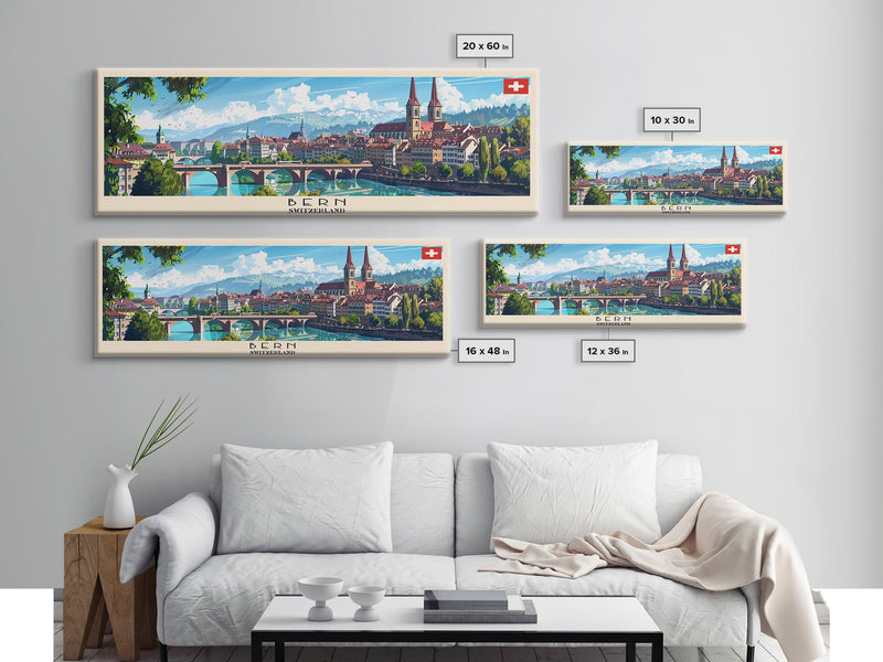 Bern Switzerland Travel Art, City Art, Framed Canvas Print or Metal Wall Art, Europe Travel Poster, Panoramic Wall Art, Extra Wide Wall Art