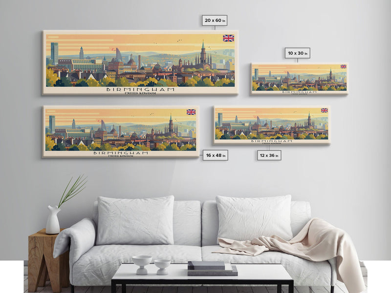 Birmingham United Kingdom Travel Print Wall Art, Panoramic City Art, Travel Art, Wall Decor, Vacation Gift, Framed Canvas Print Or Metal Art