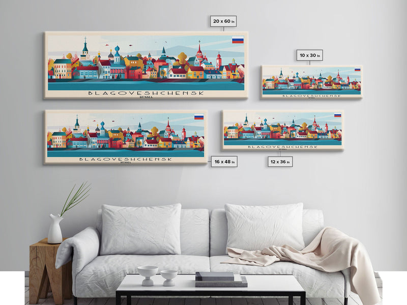 Blagoveshchensk Russia Travel Art, City Art, Framed Canvas Print or Metal Wall Art, Europe Travel Poster, Panoramic Wall Art, Extra Wide Wall Art