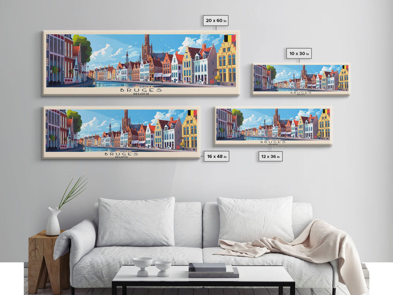 Bruges Belgium Travel Art, City Art, Framed Canvas Print or Metal Wall Art, Europe Travel Poster, Panoramic Wall Art, Extra Wide Wall Art