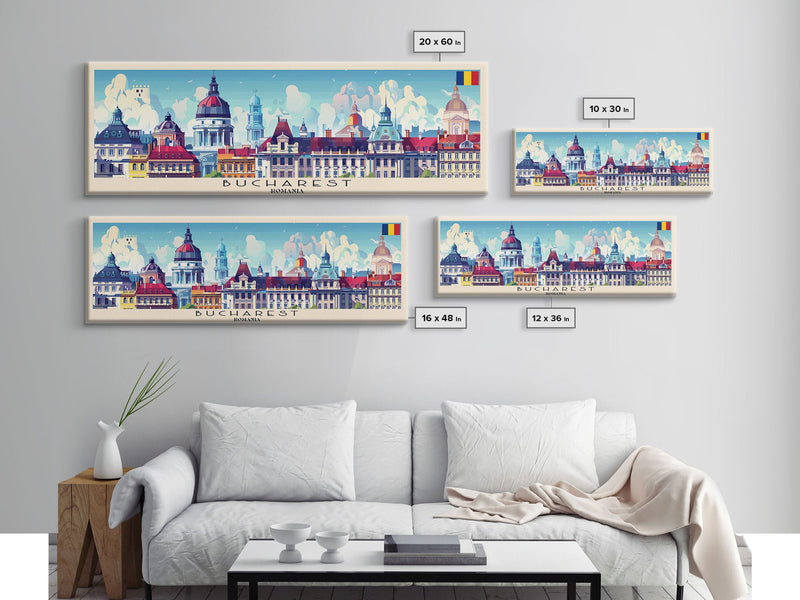 Bucharest Romania Wall Art, Panoramic Travel Poster, Panoramic Framed Canvas Print, City Wall Art, Wall Hanging Home Decor, Travel Art