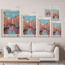 Amsterdam Netherlands Travel Poster Framed Canvas Print, Midcentury Modern Art, Pop Art Decor, Wall Art, Vacation Gift, Living Room Decoration, Scenic Print