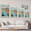 Fredrikstad Norway Travel Poster Framed Canvas Print, Midcentury Modern Art, Pop Art Wall Decor, Scenic Wall Art, Bedroom Decoration