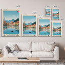 Lugano Switzerland Travel Poster Framed Canvas Print, Midcentury Modern Art, Pop Art Wall Decor, Scenic Art, Bedroom and Living Room Decor