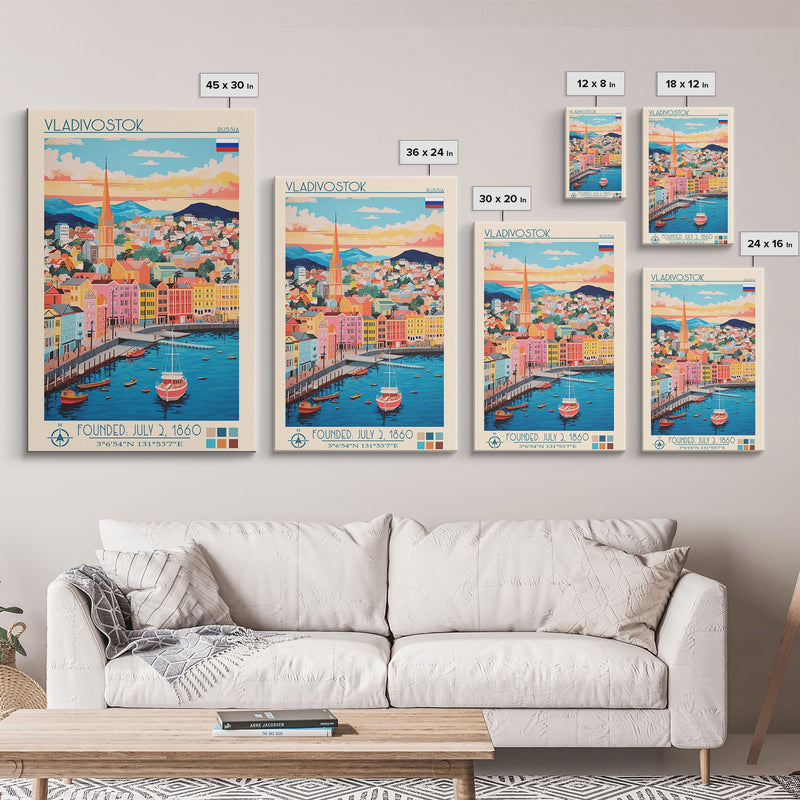 Vladivostok Russia Travel Poster Framed Canvas Print, Midcentury Modern Art, Pop Art Wall Decor, Living Room Art, Vacation Gift