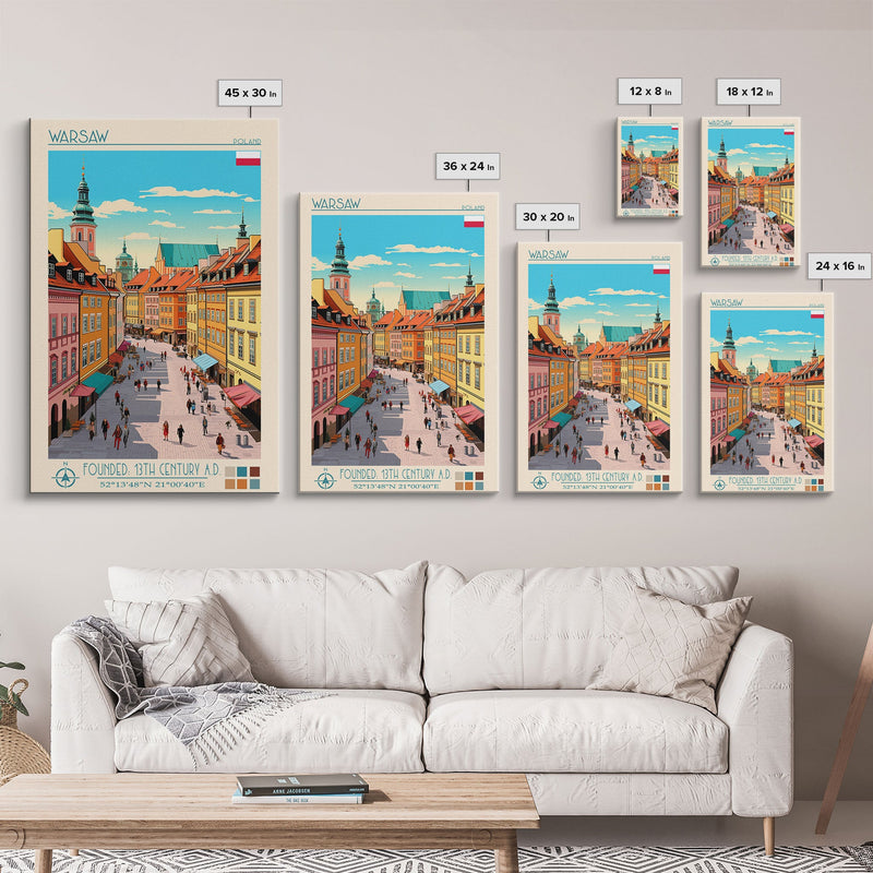 Warsaw Poland Travel Poster Framed Canvas Print, Midcentury Modern Art, Pop Art Wall Decor, Living Room Art, Scenic Wall Art