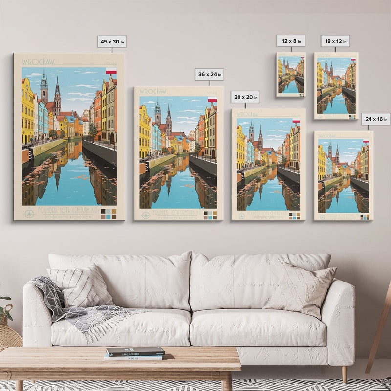 WrocÅ‚aw Poland Travel Poster Framed Canvas Print, Midcentury Modern Art, Pop Art Wall Decor, Living Room Art, Scenic Wall Art