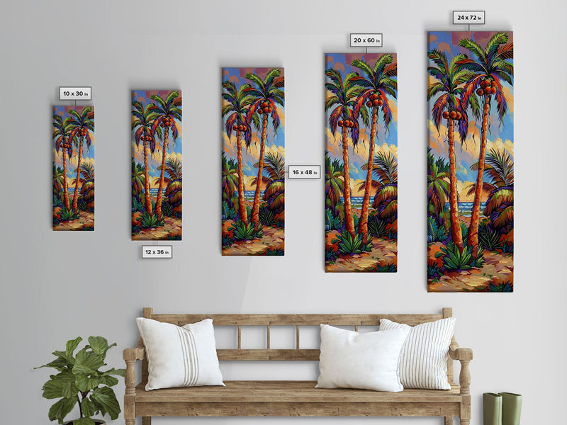 Abstract Canvas Painting of Beach Landscape, Palm Tree Art Print, Tall and Narrow Canvas Art of Ocean, Beachy Wall Art for Living Room