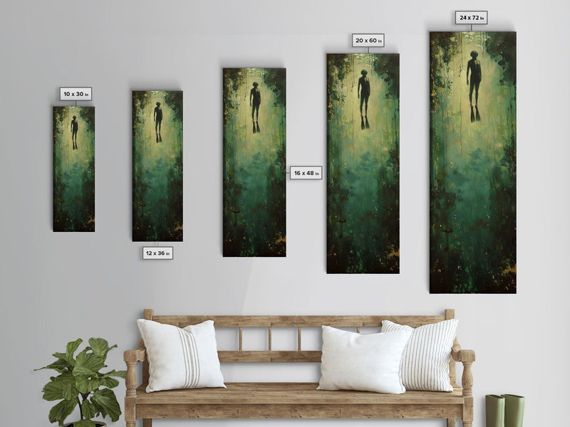 Abstract Canvas Painting of Underwater Diver, Modern Framed Wall Art, Dark Wall Art for Living Room, Tall and Narrow Wall Art Print