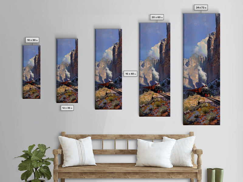 Wild West Art Print of Train in Mountains, Vertical Art, Landscape Art, Western Art, Narrow Wall Art Framed on Canvas, Desert Botanical Art