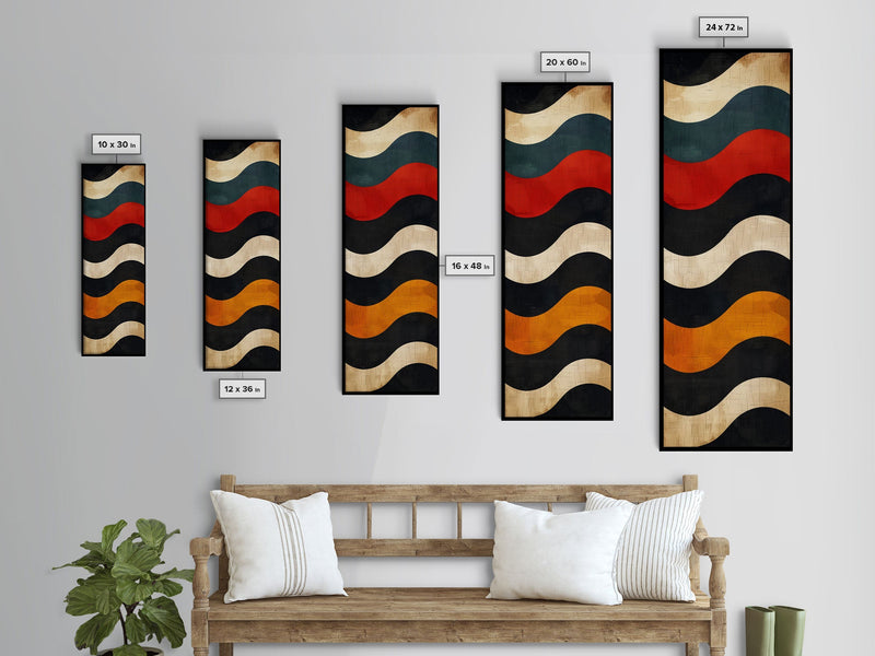 Wavy Retro Pattern in Earth Tones - Framed Canvas Print, Midcentury Modern Art, Boho Art, Skinny Art, Tall Art, Living Room Wall Decor, Minimalist Art