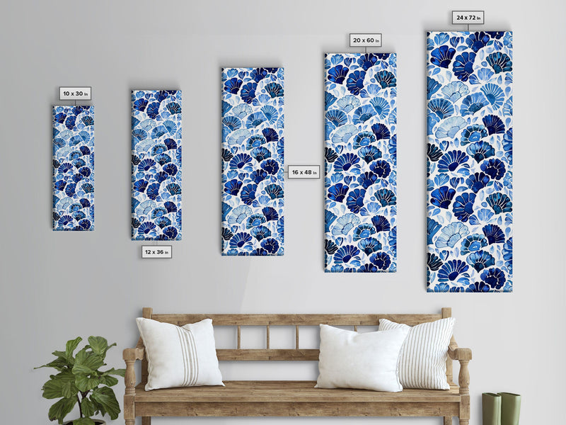 Blue and White Floral Pattern on White Background - Framed Canvas Print, Boho Art, Skinny Art, Tall Art, Midcentury Modern Art, Bedroom Wall Decor