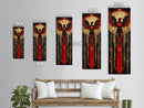 Red and Gold Phoenix Design on Geometric Background - Framed Canvas Print, Midcentury Modern Art, Skinny Art, Tall Art, Living Room Wall Decor, Boho Art