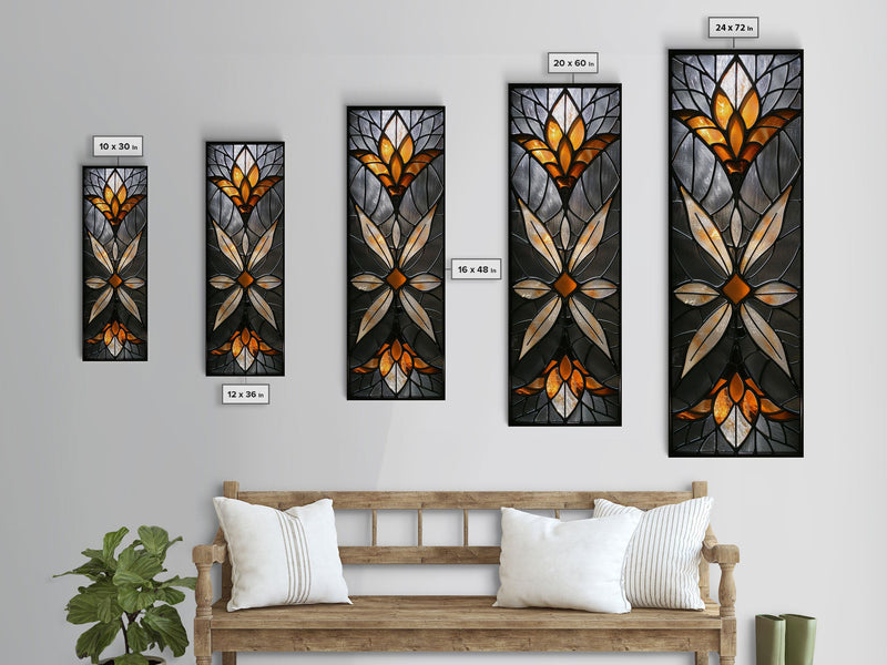 Amber and White Stained Glass Floral Design - Framed Canvas Print, Midcentury Modern Art, Skinny Art, Tall Art, Living Room Wall Decor, Boho Art