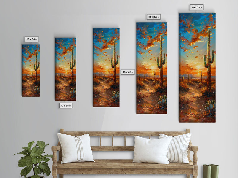 Arizona Desert Landscape with Saguaro Cactus at Sunset on a Framed Canvas Print Skinny Art Piece