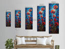 Red Poppies on Textured Blue Canvas as Tall Skinny Art Framed Canvas Print Perfect for Bold Wall Decor in Modern Spaces