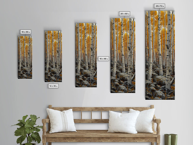 Birch Tree Forest, Framed Canvas Print, Skinny / Tall Wall Art, Living Room Decor, Landscape Painting, Nature Decor