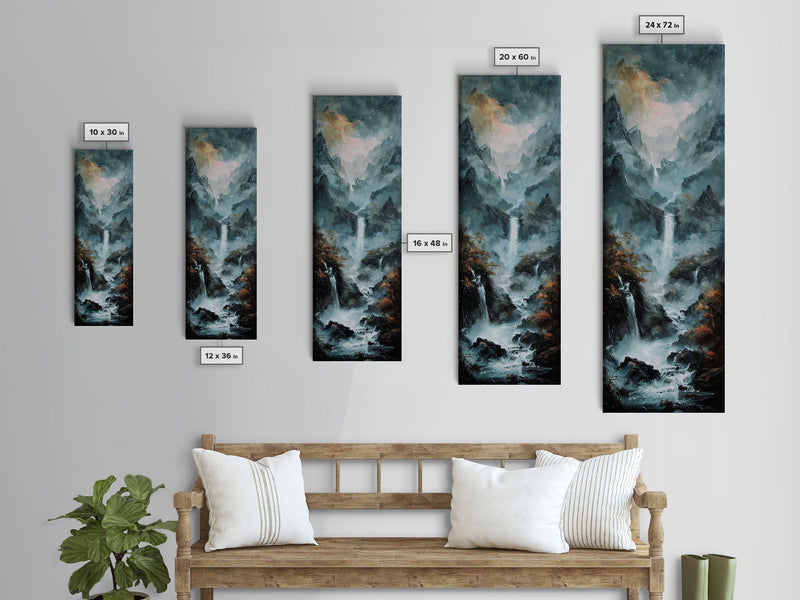 Waterfalls Against A Dark Mountain Landscape, Framed Canvas Print, Wood Frame Wall Art, Unique Decor, Farmhouse Wall Art, Tall / Skinny Wall Art