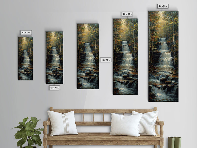 Beautiful Stream Cascading Waterfalls In The Forest at Golden Hour, Framed Canvas Print, Boho Style Landscape Painting Print