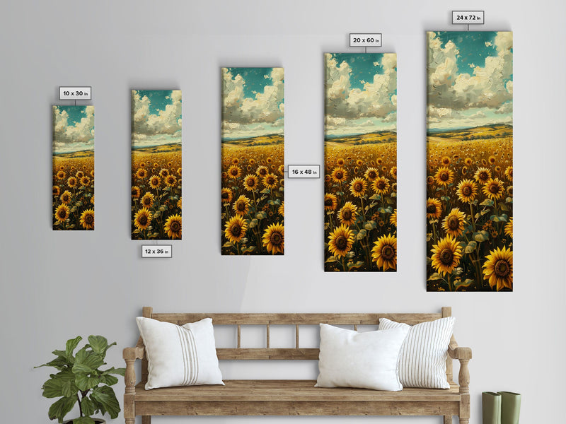 Bright Sunflowers Field Warm Countryside Farmhouse Wall Art Framed Canvas Print Tall Art Ukiyo-e Japanese Style Art