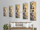 Deep Purple Pansy Flowers Against Textured Gold Background on Tall Vertical Canvas Print for Rich Floral Wall Decor